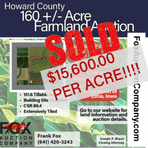 SOLD!  $15,600.00 PER ACRE.  Howard County Iowa 160 +/- Acre Land Auction @ Elma Memorial Hall